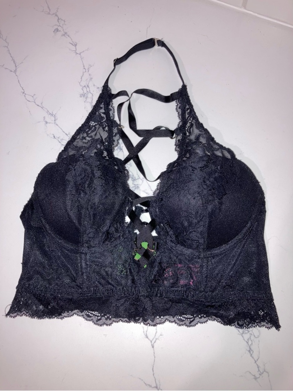 La Senza Black Lace Strappy Longline Halter Bralette - size S